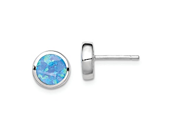 Picture of Rhodium Over Sterling Silver Polished Blue Created Opal Round Stud Earrings