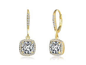 Clear Cubic Zirconia, 14K Gold Plated over Sterling Silver Square Drop Earrings