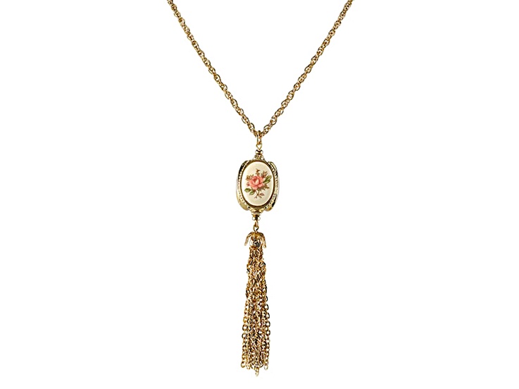 1928 Jewelry Gold Tone Base Metal 3-Sided Ivory Color Floral Motif Tassel Necklace 28"