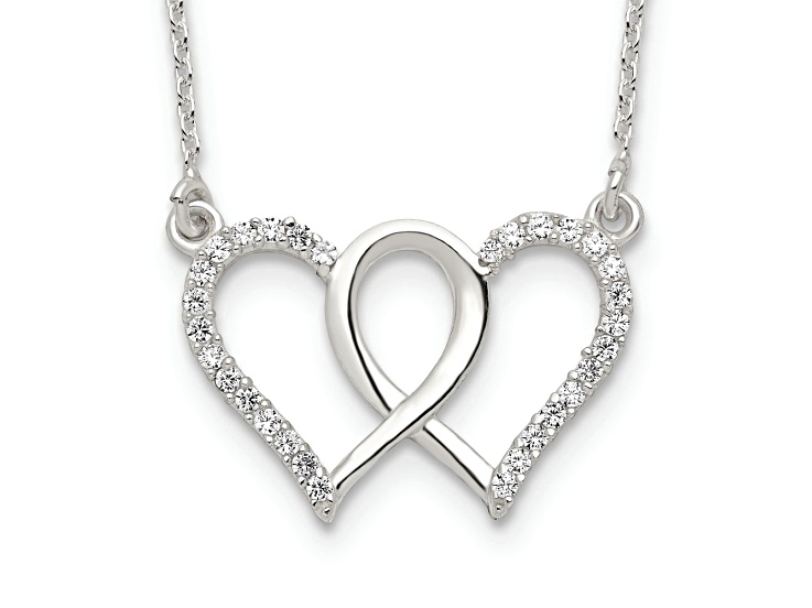 Sterling Silver Polished Interconnected Cubic Zirconia Double Hearts 18-inch Necklace
