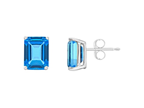 8x6mm Emerald Cut Blue Topaz 14k White Gold Stud Earrings