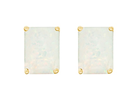 8x6mm Emerald Cut Opal 14k Yellow Gold Stud Earrings