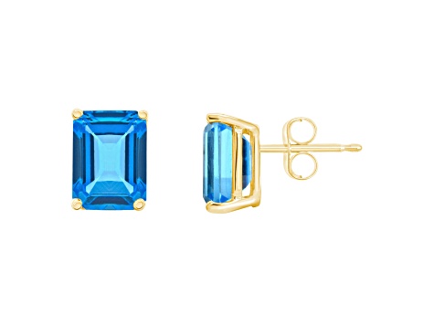 8x6mm Emerald Cut Blue Topaz 14k Yellow Gold Stud Earrings