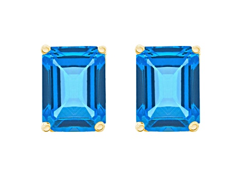 8x6mm Emerald Cut Blue Topaz 14k Yellow Gold Stud Earrings