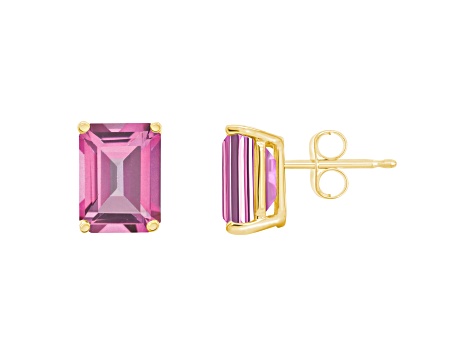 8x6mm Emerald Cut Pink Topaz 14k Yellow Gold Stud Earrings