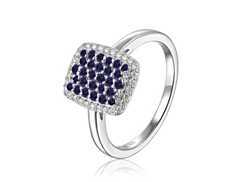 Blue Sapphire and Moissanite Sterling Silver Rectangle Cluster Ring
