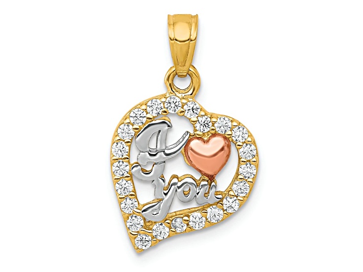 10k Two-Tone Gold with Rhodium Over 10k Yellow Gold Cubic Zirconia I Love You in Heart Pendant