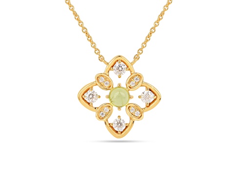 Peridot Cabochon with Moissanite Accents 18k Gold Over Sterling Silver Quatrefoil Necklace