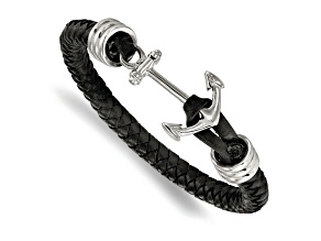 Black Braided Leather and Stainless Steel Polished Anchor 8.5-inch Bracelet