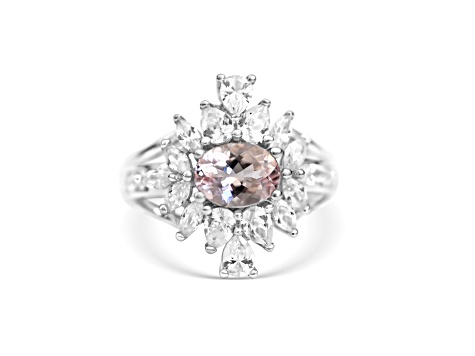 Rhodium Over Sterling Silver Pink Morganite and White Zircon Ring 1.15ctw