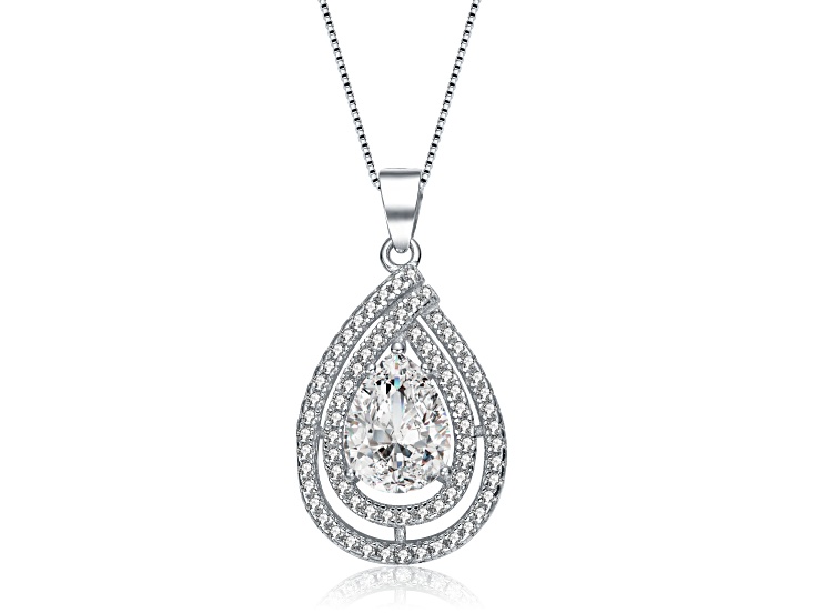 Clear Pear Shape Cubic Zirconia, Rhodium Plated over Sterling Silver Outline Pendant Necklace