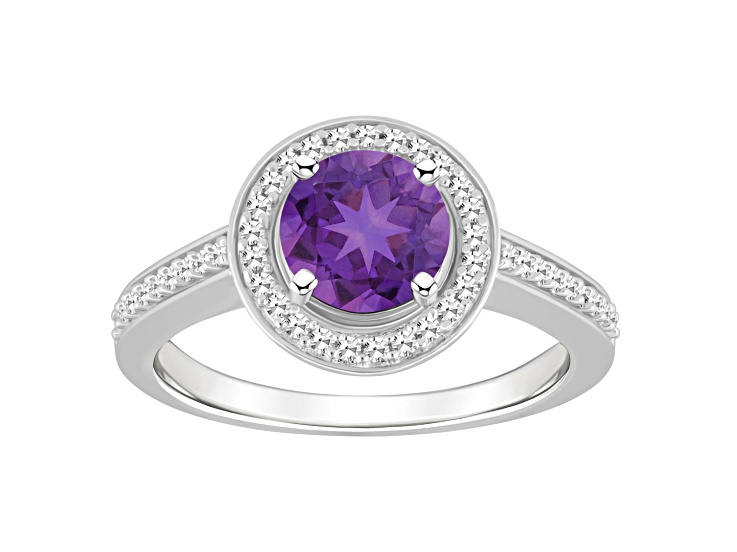 7mm Round Amethyst 1/5 ctw Diamond Rhodium Over Sterling Silver Halo Ring