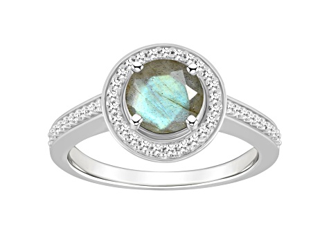 7mm Round Labradorite 1/5 ctw Diamond Rhodium Over Sterling Silver Halo Ring