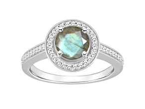 7mm Round Labradorite 1/5 ctw Diamond Rhodium Over Sterling Silver Halo Ring