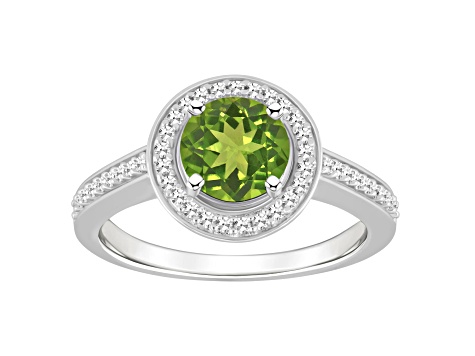 7mm Round Peridot 1/5 ctw Diamond Rhodium Over Sterling Silver Halo Ring