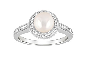 7mm Round Cultured Freshwater Pearl 1/5 ctw Diamond Rhodium Over Sterling Silver Halo Ring