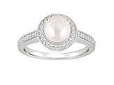 7mm Round Cultured Freshwater Pearl 1/5 ctw Diamond Rhodium Over Sterling Silver Halo Ring