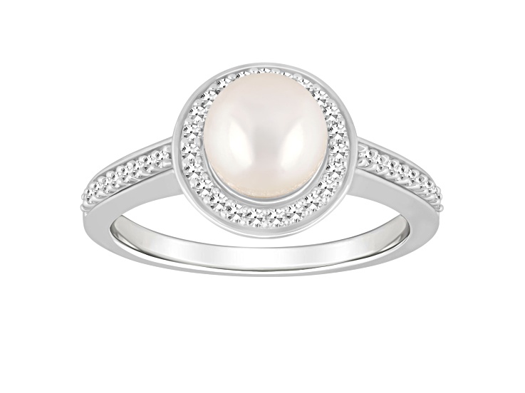 7mm Round Cultured Freshwater Pearl 1/5 ctw Diamond Rhodium Over Sterling Silver Halo Ring