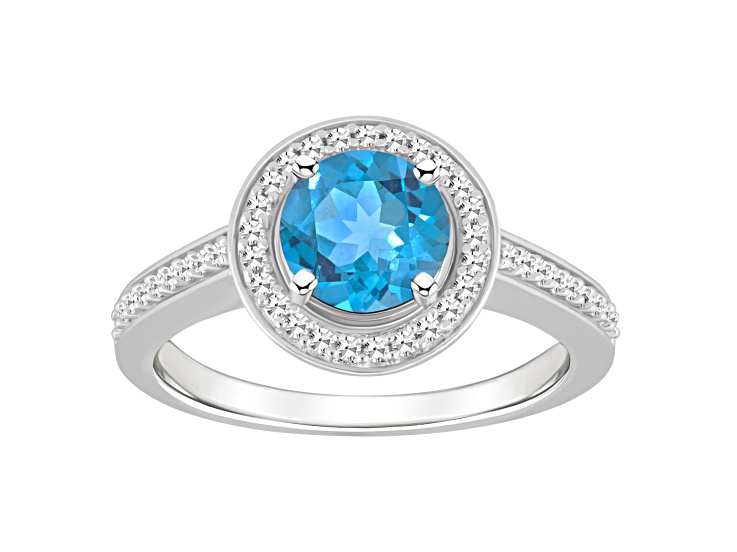 7mm Round Blue Topaz 1/5 ctw Diamond Rhodium Over Sterling Silver Halo Ring