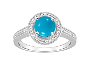 7mm Round Turquoise 1/5 ctw Diamond Rhodium Over Sterling Silver Halo Ring