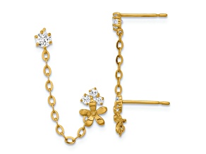 14K Yellow Gold Cubic Zirconia Children's Double Post with Chain Flower Earrings
