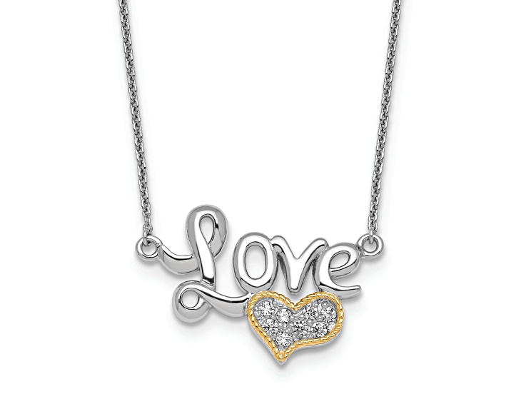 Rhodium Over Sterling Silver with 14K Accent Cubic Zirconia Love With Heart with 2" Ext. Necklace