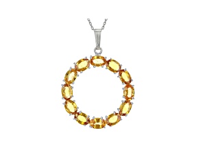 Yellow-Orange Sapphire 6x4mm Oval Circle Style Sterling Silver Pendant With Chain
