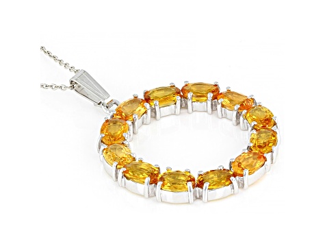 Yellow-Orange Sapphire 6x4mm Oval Circle Style Sterling Silver Pendant With Chain