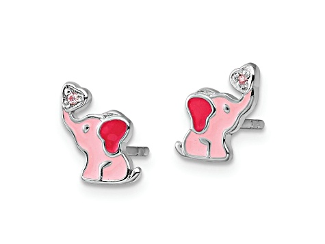 Rhodium Over Sterling Silver Pink Enamel and Cubic Zirconia Elephant Children's Post Earrings