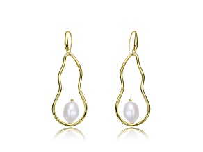 Genuine Freshwater Pearl, 14K Yellow Gold Plated over Sterling Silver Elongated Dangling Earrings