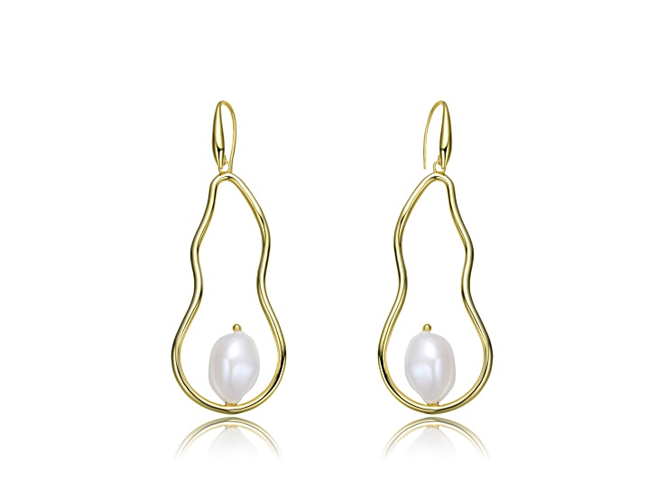 Genuine Freshwater Pearl, 14K Yellow Gold Plated over Sterling Silver Elongated Dangling Earrings
