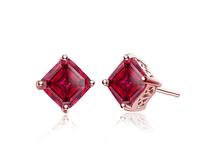 Red Color Cubic Zirconia, Rhodium Plated over Sterling Silver Square Stud Earrings