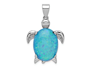 Rhodium Over Sterling Silver Lab Created Opal Inlay Sea Turtle Pendant