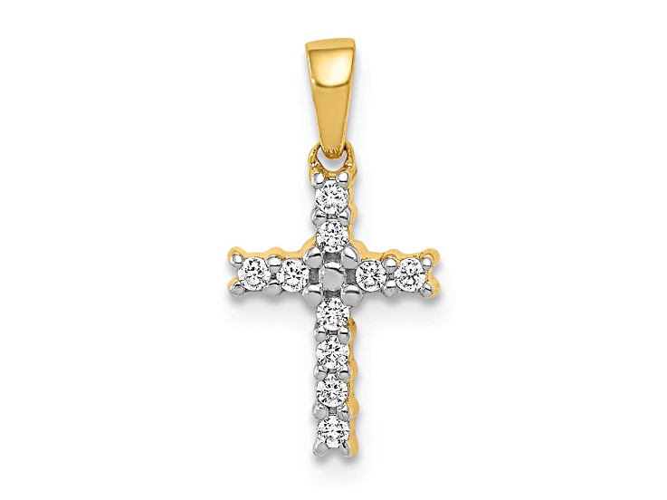 10k Yellow Gold and Rhodium Over 10k Yellow Gold 0.10 ctw Diamond Latin Cross Pendant