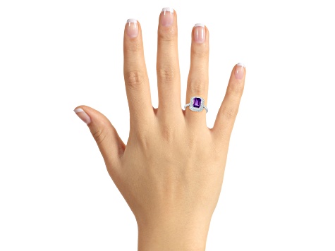 8x6mm Emerald Cut Amethyst And White Topaz Accents Rhodium Over Sterling Silver Double Halo Ring