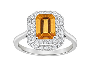 Picture of 8x6mm Emerald Cut Citrine And White Topaz Accents Rhodium Over Sterling Silver Double Halo Ring