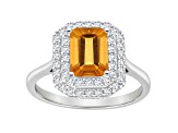 8x6mm Emerald Cut Citrine And White Topaz Accents Rhodium Over Sterling Silver Double Halo Ring
