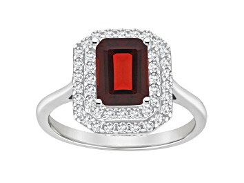 Picture of 8x6mm Emerald Cut Garnet And White Topaz Accents Rhodium Over Sterling Silver Double Halo Ring