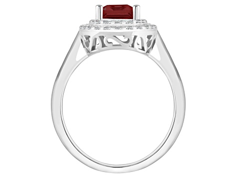 8x6mm Emerald Cut Garnet And White Topaz Accents Rhodium Over Sterling Silver Double Halo Ring