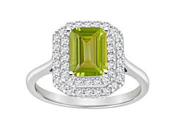 Picture of 8x6mm Emerald Cut Peridot And White Topaz Accents Rhodium Over Sterling Silver Double Halo Ring