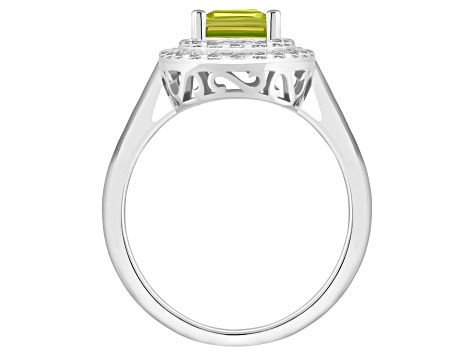 8x6mm Emerald Cut Peridot And White Topaz Accents Rhodium Over Sterling Silver Double Halo Ring