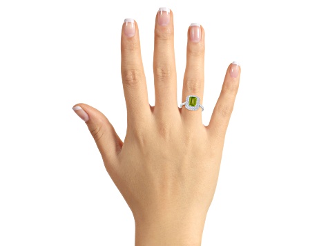 8x6mm Emerald Cut Peridot And White Topaz Accents Rhodium Over Sterling Silver Double Halo Ring