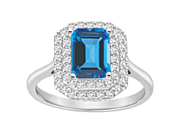 Picture of 8x6mm Emerald Cut Swiss Blue Topaz And White Topaz Rhodium Over Sterling Silver Double Halo Ring