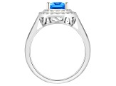 8x6mm Emerald Cut Swiss Blue Topaz And White Topaz Rhodium Over Sterling Silver Double Halo Ring
