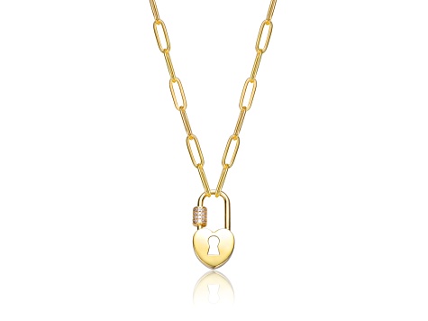 14K Yellow Gold Plated over Brass with Clear Cubic Zirconia Padlock Charm Necklace