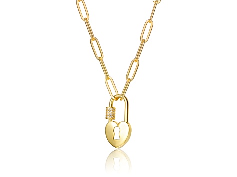 14K Yellow Gold Plated over Brass with Clear Cubic Zirconia Padlock Charm Necklace