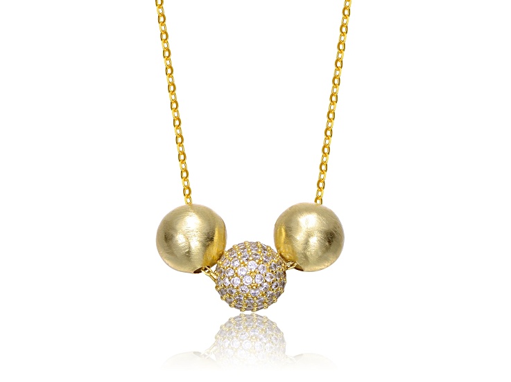 Clear Cubic Zirconia, 14k Yellow Gold Plated over Brass Bead Pendant Necklace