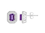 6x4mm Emerald Cut Amethyst 1/5 ctw Diamond Rhodium Over Sterling Silver Halo Stud Earrings