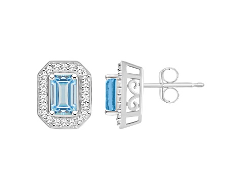 6x4mm Emerald Cut Aquamarine 1/5 ctw Diamond Rhodium Over Sterling Silver Halo Stud Earrings