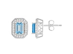 6x4mm Emerald Cut Aquamarine 1/5 ctw Diamond Rhodium Over Sterling Silver Halo Stud Earrings